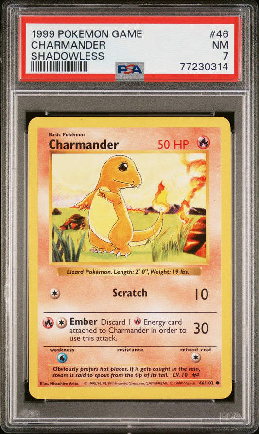 1999 POKEMON GAME #46 CHARMANDER SHADOWLESS - PSA 7 NEAR MINT