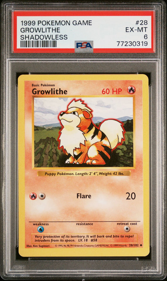 1999 POKEMON GAME #28 GROWLITHE SHADOWLESS - PSA 6 EX-MT