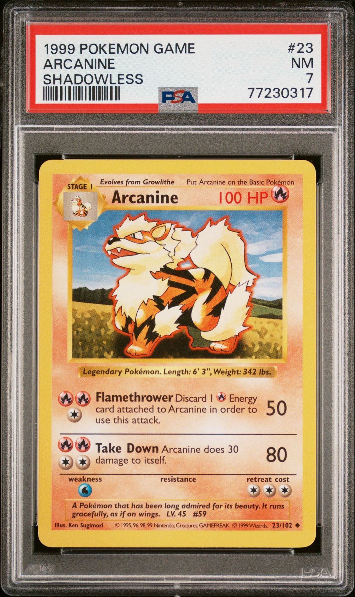 1999 POKEMON GAME #23 ARCANINE SHADOWLESS - PSA 7 NEAR MINT