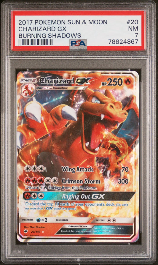 2017 POKEMON SUN & MOON BURNING SHADOWS #20 CHARIZARD GX - PSA 7 NEAR MINT