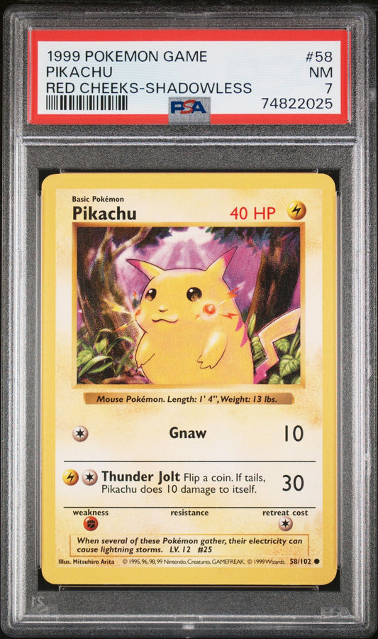 1999 POKEMON GAME 58 PIKACHU RED CHEEKS-SHADOWLESS - PSA 7 NEAR MINT