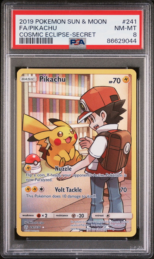 2019 POKEMON SUN & MOON COSMIC ECLIPSE #241 FULL ART/PIKACHU SECRET - PSA 8 NEAR MINT-MINT