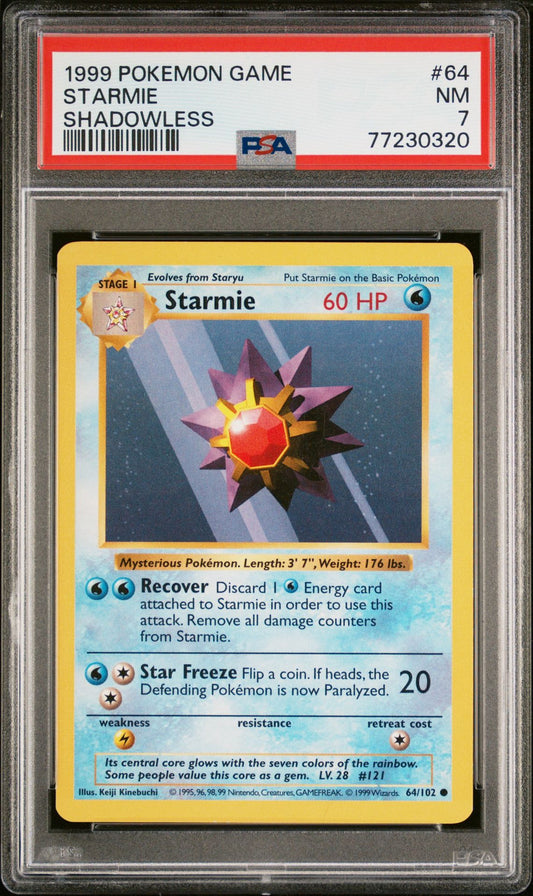 1999 POKEMON GAME #64 STARMIE SHADOWLESS - PSA 7 NEAR MINT