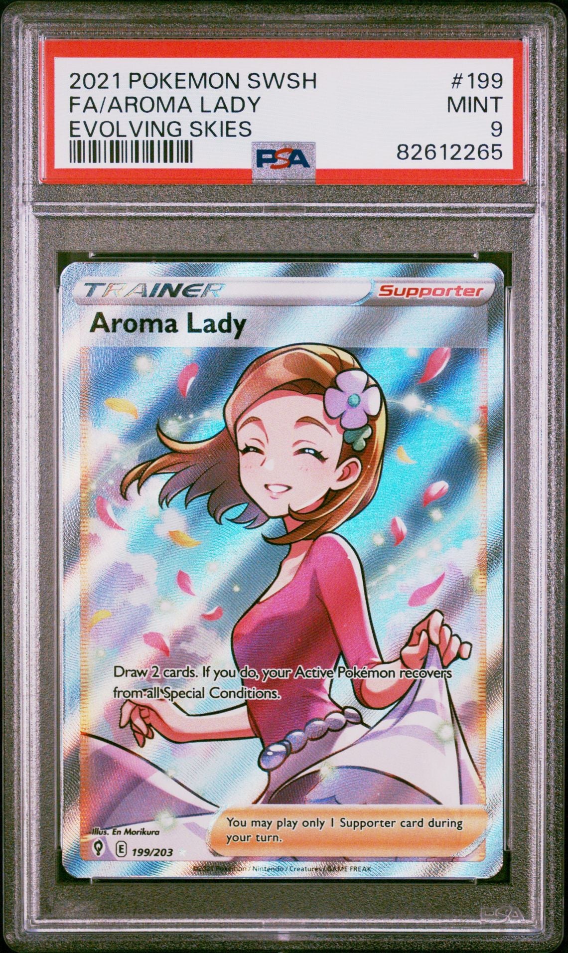 2021 POKEMON SWORD & SHIELD EVOLVING SKIES 199 FULL ART/AROMA LADY - PSA 9 MINT