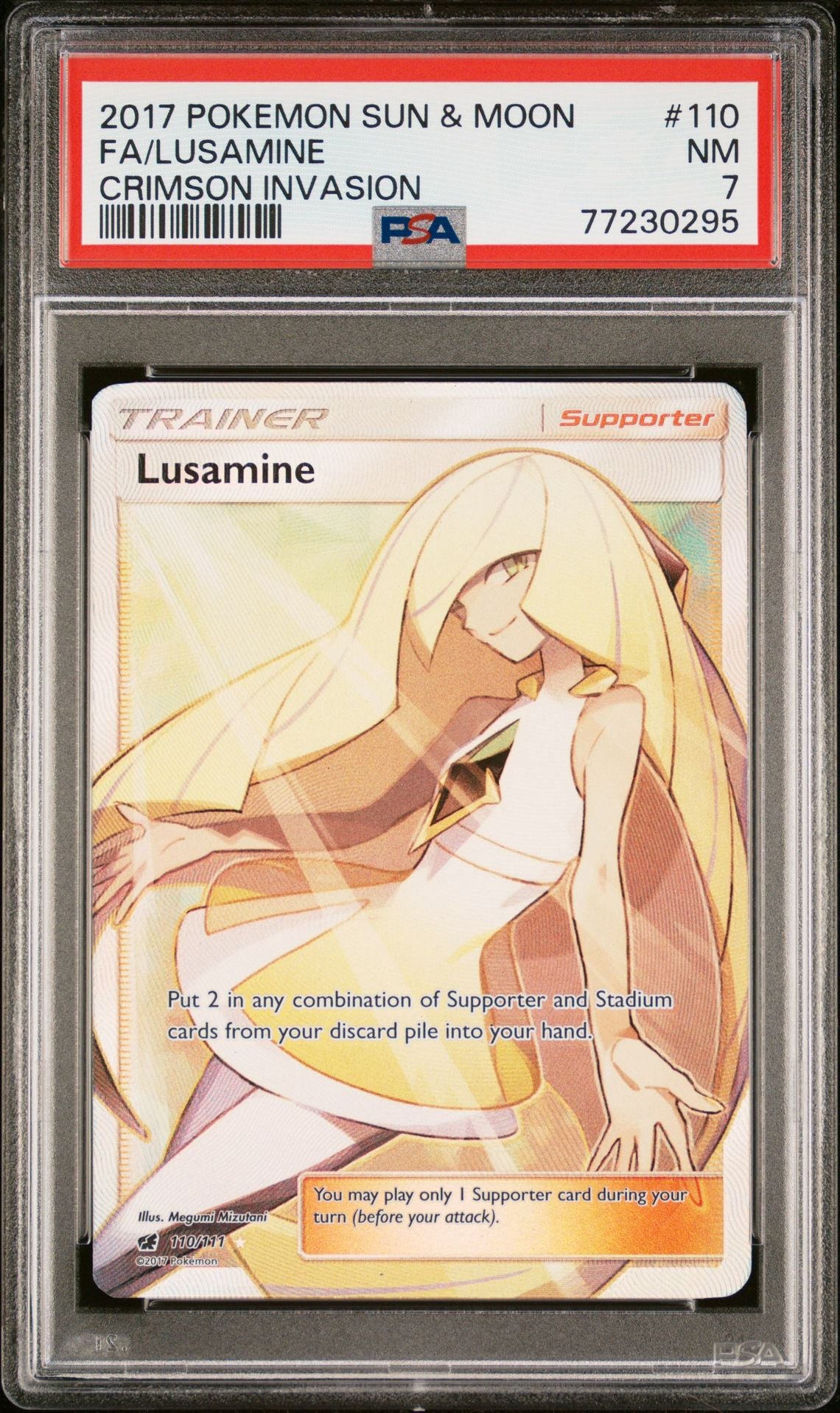 2017 POKEMON SUN & MOON CRIMSON INVASION 110 FULL ART/LUSAMINE - PSA 7 NEAR MINT