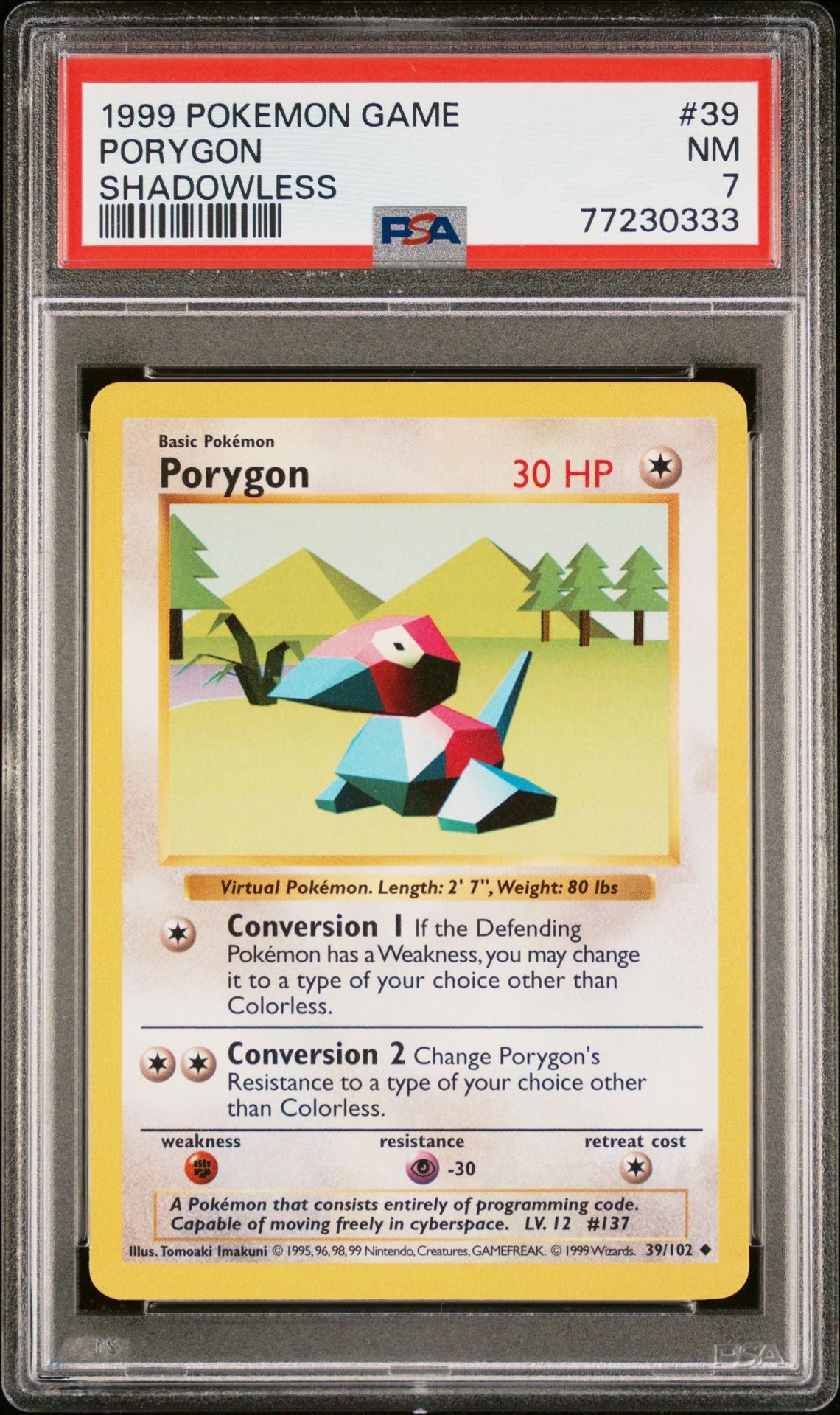 1999 POKEMON GAME #39 PORYGON SHADOWLESS - PSA 7 NEAR MINT