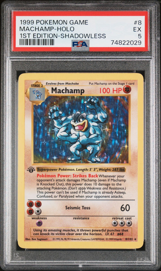 1999 POKEMON GAME #8 MACHAMP-HOLO 1ST EDITION-SHADOWLESS - PSA 5 EXCELLENT