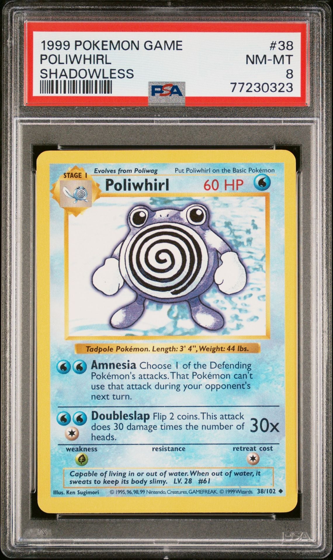 1999 POKEMON GAME #38 POLIWHIRL SHADOWLESS - PSA 8 NEAR MINT-MINT