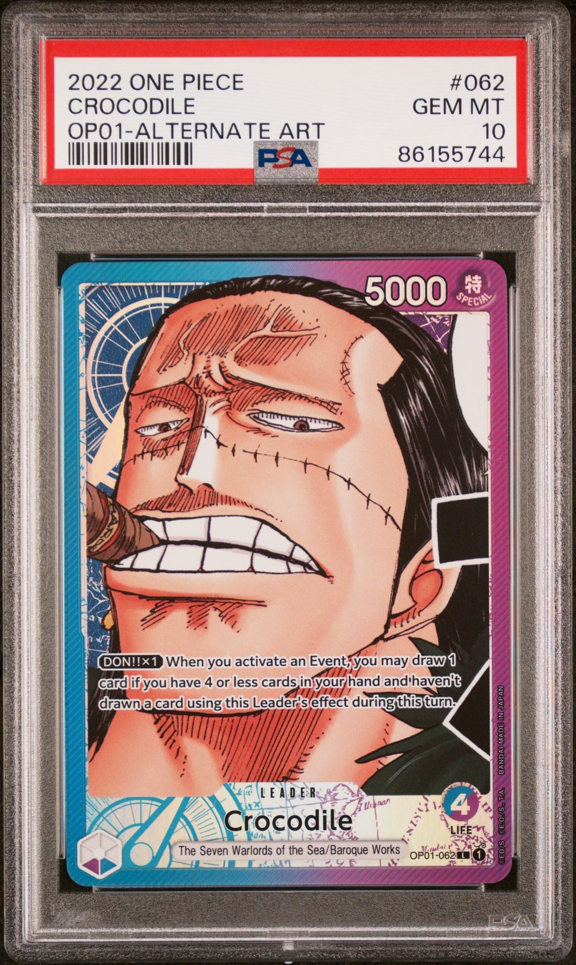 2022 ONE PIECE ROMANCE DAWN 062 CROCODILE ALTERNATE ART - PSA 10 GEM MINT