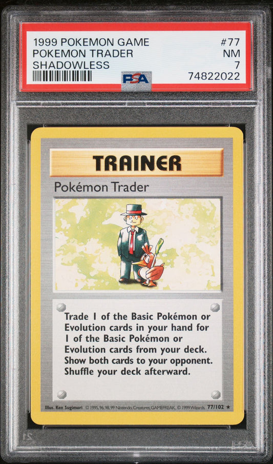 1999 POKEMON GAME 77 POKEMON TRADER SHADOWLESS - PSA 7 NEAR MINT