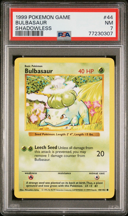 1999 POKEMON GAME #44 BULBASAUR SHADOWLESS - PSA 7 NEAR MINT