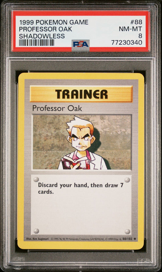 1999 POKEMON GAME 88 PROFESSOR OAK SHADOWLESS - PSA 8 NEAR MINT-MINT