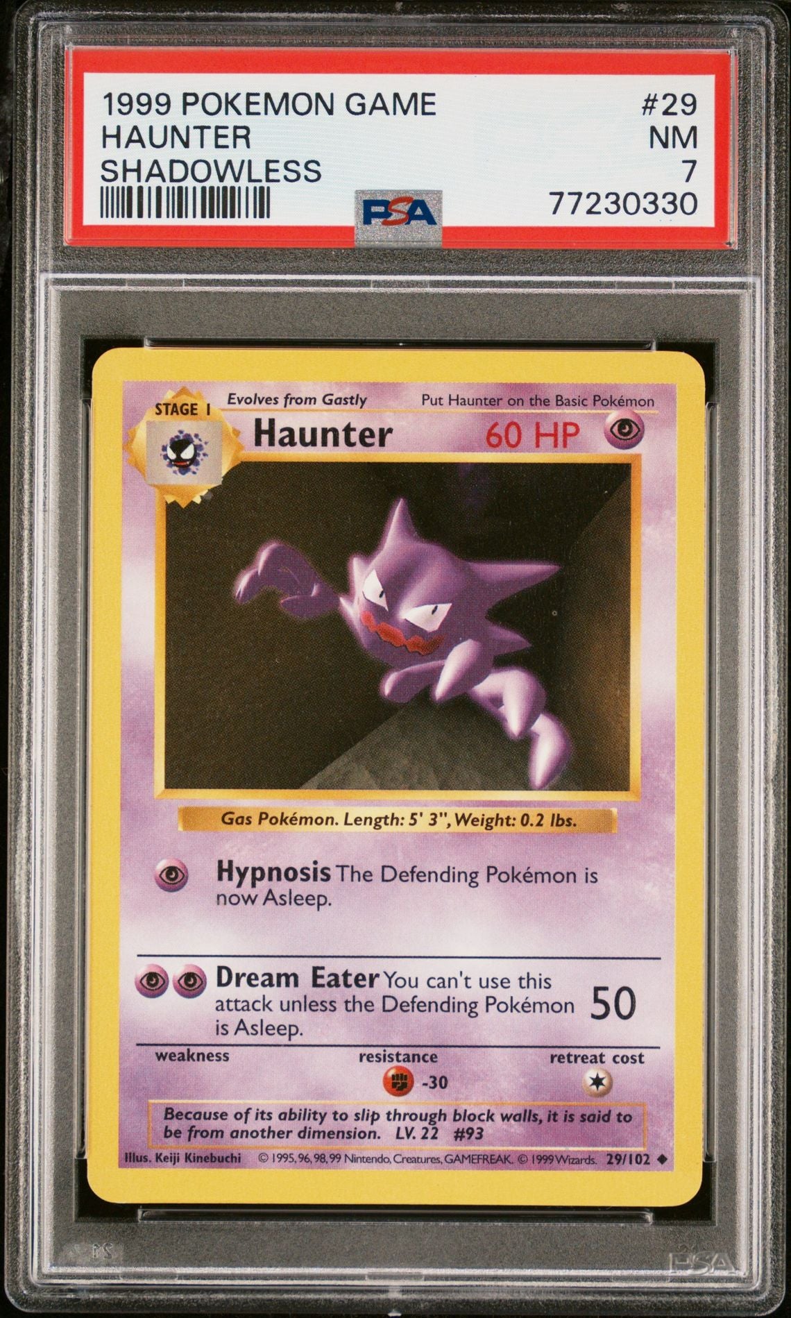 1999 POKEMON GAME #29 HAUNTER SHADOWLESS - PSA 7 NEAR MINT