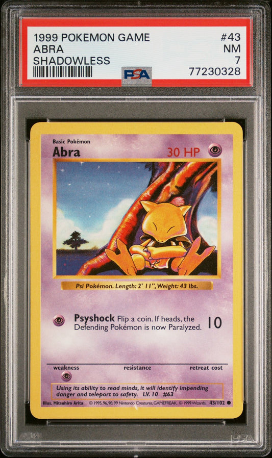 1999 POKEMON GAME #43 ABRA SHADOWLESS - PSA 7 NEAR MINT