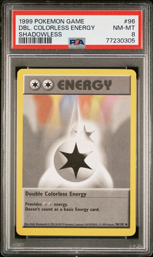 1999 POKEMON GAME 96 DOUBLE COLORLESS ENERGY SHADOWLESS - PSA 8 NEAR MINT-MINT