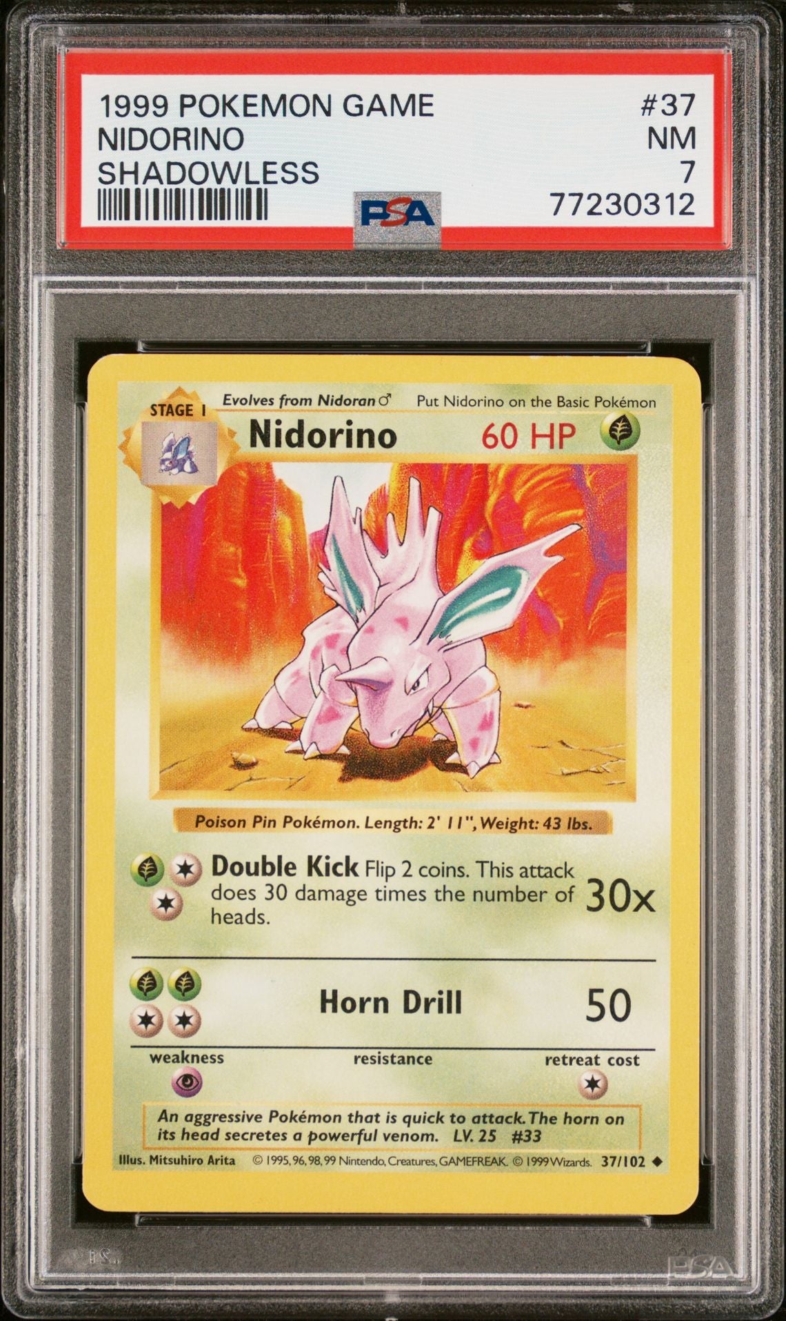 1999 POKEMON GAME #37 NIDORINO SHADOWLESS - PSA 7 NEAR MINT